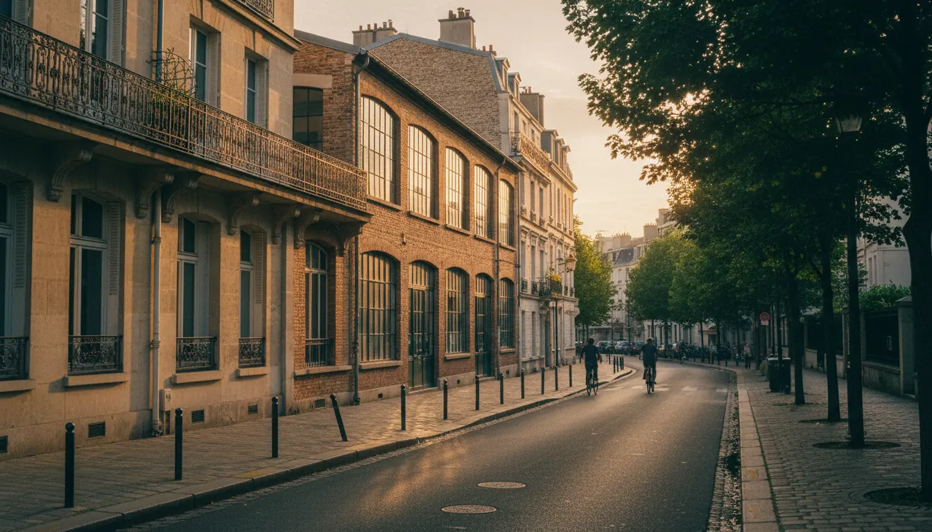 Rue résidentielle avec maisons de ville et anciens ateliers en brique